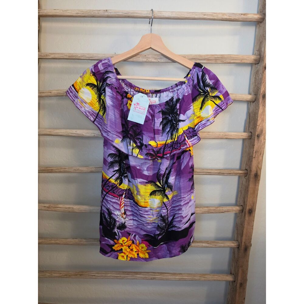 Hawaii Hangover NWT Sunset Purple Hawaiian Top M Off Shoulder Tropical Rayon